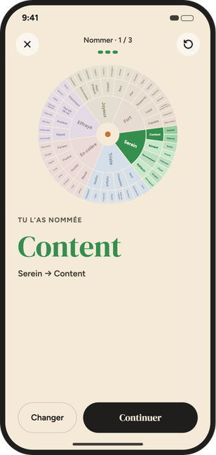 La roue des émotions dans l’app, avec un mot choisi à partir d’une émotion de base.