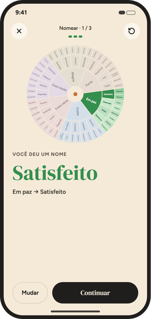 A roda das emoções no app, com uma palavra escolhida a partir de uma emoção básica.