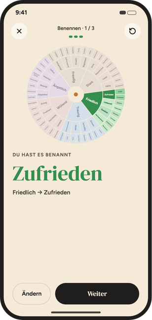 Das Gefühlsrad in der App mit einem Wort, das ausgehend von einem Grundgefühl gewählt wurde.