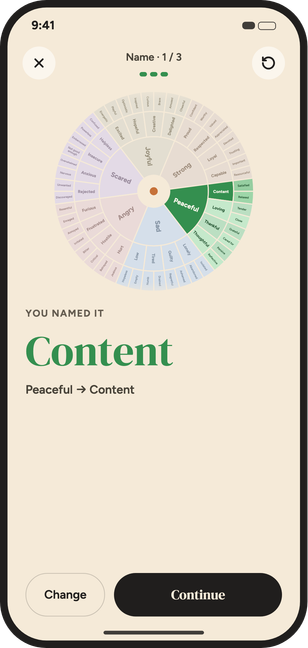 The feelings wheel in the app, with a word picked starting from a core feeling.