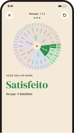 Tela de escolha de uma palavra na roda das emoções, de seis emoções básicas até a palavra exata.