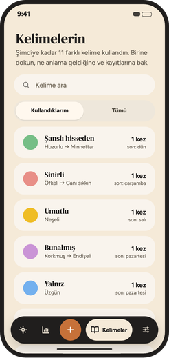 Şimdiye kadar kullanılan duygu kelimelerini listeleyen kelime kütüphanesi ekranı.