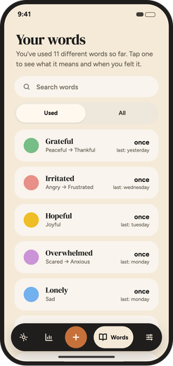 Word library screen listing the feeling words used so far.