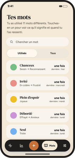 Écran de la bibliothèque de mots avec les émotions utilisées jusqu’ici.