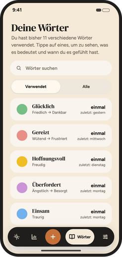 Wortbibliothek mit den bisher verwendeten Gefühlswörtern.