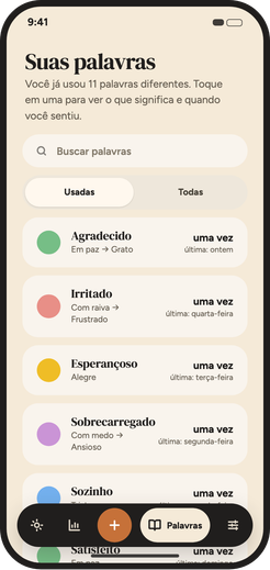 Tela da biblioteca de palavras com as emoções usadas até agora.