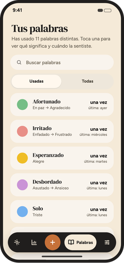 Pantalla de la biblioteca de palabras con las emociones usadas hasta ahora.